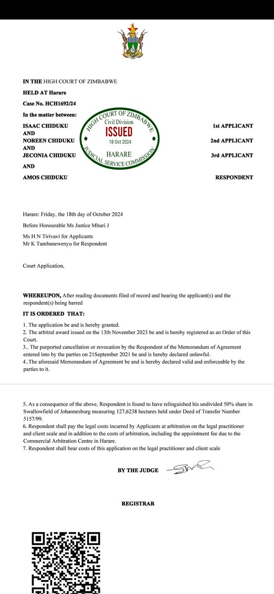 SwallowfieldEst's tweet photo. 🚨 PUBLIC NOTICE 🚨

📜 High Court of Zimbabwe Case HCH1692/24 registration of the ⚖️ Arbitral award: for enforcement aganist Amos Chiduku, @DrowackInvest &amp; @CapevalleyP. For details, refer to the court order &amp; full notice.
#LegalUpdate #Swallowfield #PublicNotice #ZimbabweLaw https://t.co/56BPPZqgzv