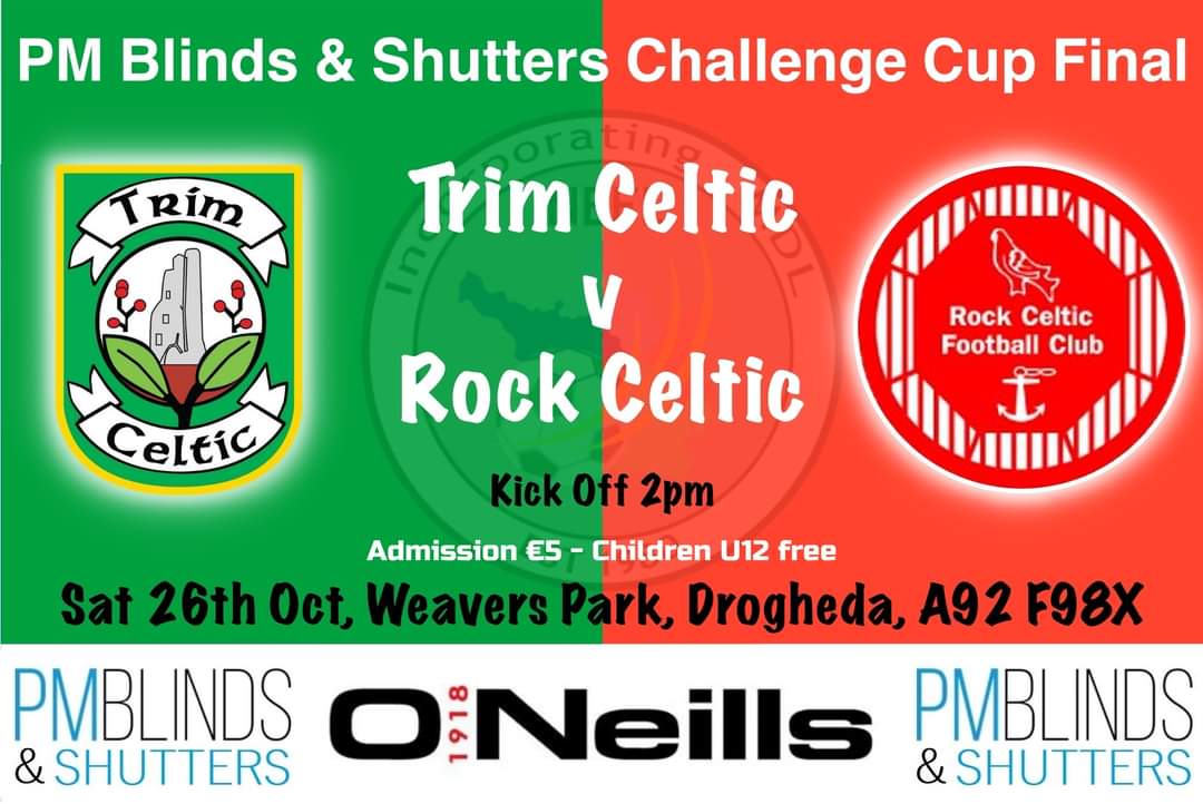 Justin Burke Media (@mediaburke81912) on Twitter photo PM Blinds & Shutters Mens Challenge Cup Final Sat 26th Oct at Weavers Park, home of Drogheda United.
<a href="/TrimCelticAFC/">Trim Celtic AFC</a> v <a href="/celtic_rock/">Rock Celtic Football Club</a>
Best of luck to the officials
Ref - Conor Byrne
AR1 - Jason Sheerin
AR2 - Peter Burns
4th Official - Martin Conway
<a href="/ONeills1918/">O'Neills</a>
<a href="/neflIreland/">NEFL</a> PM Blinds & Shutters Mens Challenge Cup Final Sat 26th Oct at Weavers Park, home of Drogheda United.
<a href="/TrimCelticAFC/">Trim Celtic AFC</a> v <a href="/celtic_rock/">Rock Celtic Football Club</a>
Best of luck to the officials
Ref - Conor Byrne
AR1 - Jason Sheerin
AR2 - Peter Burns
4th Official - Martin Conway
<a href="/ONeills1918/">O'Neills</a>
<a href="/neflIreland/">NEFL</a>