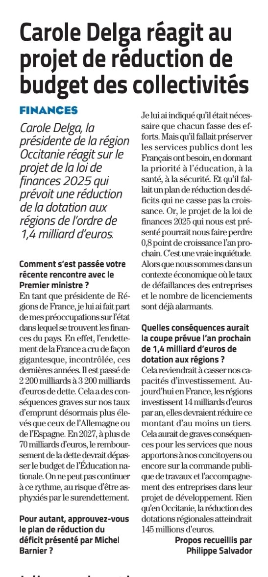 Entièrement d'accord avec <a href="/CaroleDelga/">Carole Delga</a>, les choix faits par le gvt Barnier vont nous conduire à une situation pire qu'aujourd'hui !

-Ralentir notre économie
- ↘️pouvoir d'achat
- ↗️chômage
-Abîmer nos services publics

Voilà la politique soutenue par le <a href="/RNational_off/">Rassemblement National</a> !