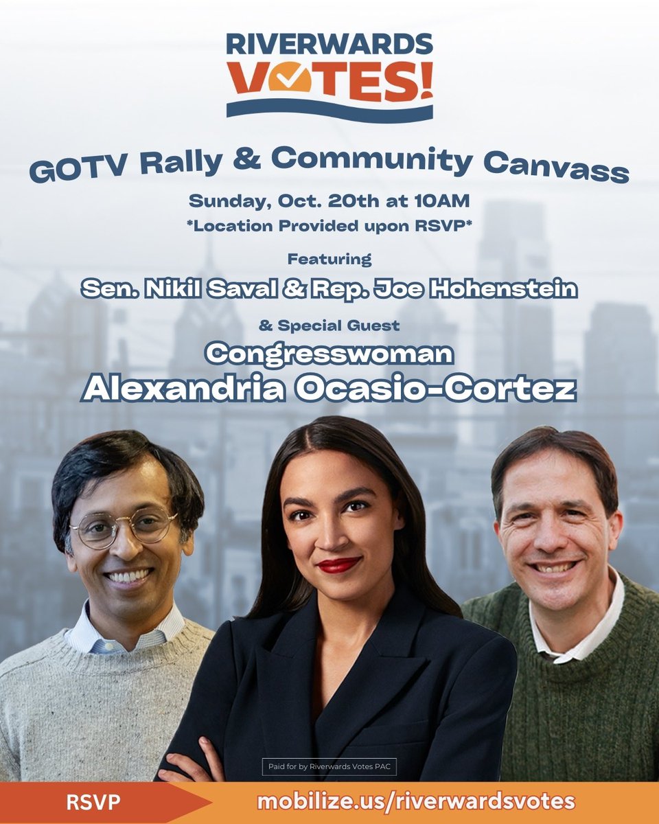 RiverwardsVotes's tweet photo. We’re  excited to announce our Special Guest at our GOTV Rally &amp; Community Canvass this Sunday is…

🚨Rep. Alexandria Ocasio-Cortez!🚨

We hope you’ll join us at 10AM to hear from our elected leaders, then we’ll head out to canvass our neighbors!

RSVP: https://t.co/oW2M4LdtEP https://t.co/m1HTaMlj1a