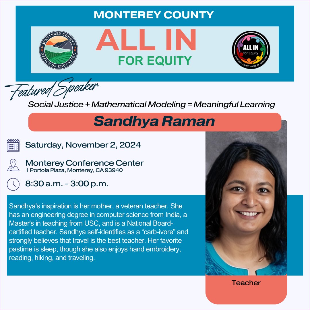 Rod Garcia (@mrrodgarcia) on Twitter photo π Science and Math with Equity in Focus at the ALL IN for Equity Conference on Nov 2, 2024!
πΉ Katie Barthelow - Senior Education Specialist <a href="/MontereyAq/">Monterey Bay Aquarium</a> . Session: Who We Are Matters: The Role of Identity and Empathy in Conservation. Learn how place-based education and empathy π Science and Math with Equity in Focus at the ALL IN for Equity Conference on Nov 2, 2024!
πΉ Katie Barthelow - Senior Education Specialist <a href="/MontereyAq/">Monterey Bay Aquarium</a> . Session: Who We Are Matters: The Role of Identity and Empathy in Conservation. Learn how place-based education and empathy