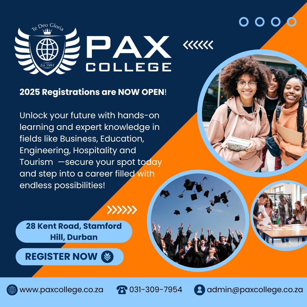PaxCollege_'s tweet photo. 📷 2025 Registrations are NOW OPEN! 📷
Unlock your future with hands-on learning and expert knowledge in fields like Business, Education, Engineering, Hospitality, and Tourism 📷 — secure your spot today and step into a career filled with endless possibilities! 📷 https://t.co/doXElM9otb