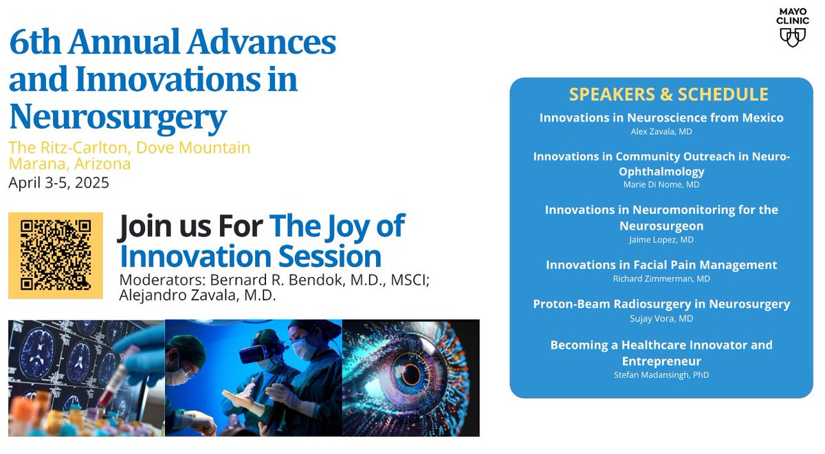 Bernard Bendok, MD (@bernardbendokmd) on Twitter photo Join us at the 6th Annual Mayo Clinic Advances and Innovations in Neurosurgery Symposium featuring dynamic sessions including “The Joy of Innovation!” 📅 April 3-5, 2025 | Marana, AZ
Register today at: ce.mayo.edu
<a href="/MayoClinicNeuro/">Mayo Clinic Neuro</a> <a href="/MayoClinic/">Mayo Clinic</a>
#Neurosurgery Join us at the 6th Annual Mayo Clinic Advances and Innovations in Neurosurgery Symposium featuring dynamic sessions including “The Joy of Innovation!” 📅 April 3-5, 2025 | Marana, AZ
Register today at: ce.mayo.edu
<a href="/MayoClinicNeuro/">Mayo Clinic Neuro</a> <a href="/MayoClinic/">Mayo Clinic</a>
#Neurosurgery