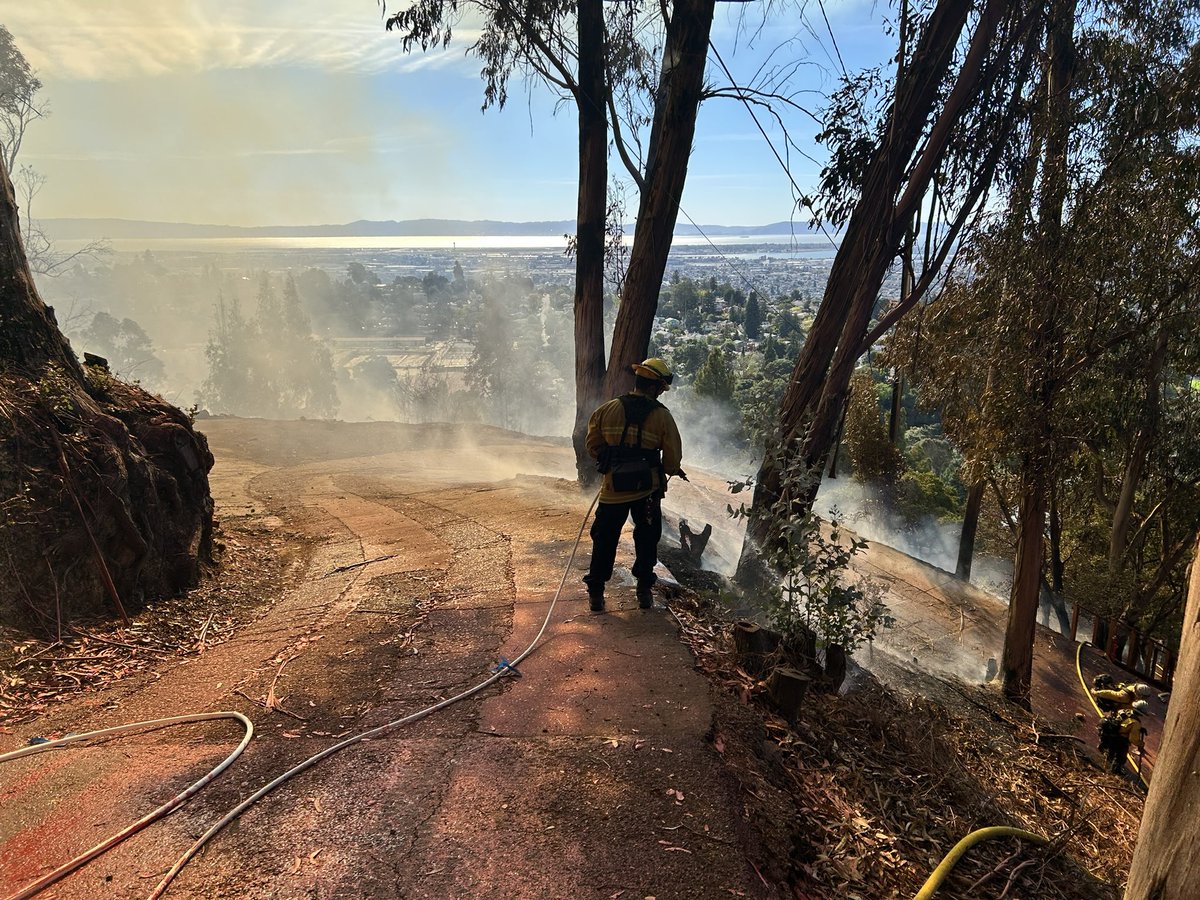 OaklandFireCA's tweet image. Update 6) Forward Progress has been STOPPED for this 5th Alarm Fire. With multiple agencies from several counties assisting,  the fast moving fire reached 13 acres. As of now, less than 10 structures impacted by fire activity.
