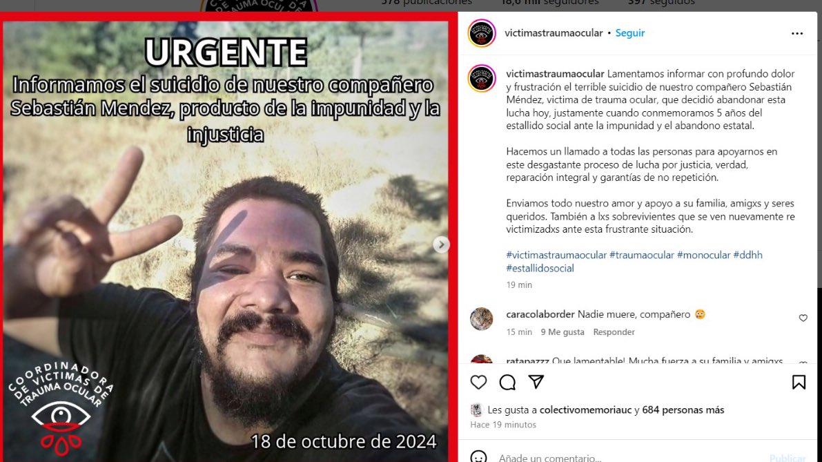 Desde la Coordinadora de Víctimas de Trauma Ocular confirman el suicidio de uno de sus integrantes, Sebastián Méndez.
Desde el equipo de <a href="/PiensaPrensa/">PIENSAPRENSA 361 mil Seguidores</a> enviamos nuestro respeto a su familia y amigos
