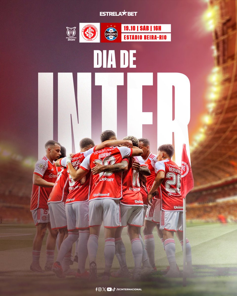 SCInternacional's tweet photo. 𝗗𝗜𝗜𝗜𝗔 𝗗𝗘 𝗜𝗜𝗜𝗜𝗜𝗡𝗧𝗘𝗘𝗘𝗘𝗘𝗥!!! 🇦🇹🔥🇦🇹🔥🇦🇹🔥

Neste sábado (19), às 16h, o #ClubedoPovo recebe o Grêmio no Beira-Rio pela 30ª rodada do Brasileirão! 🏟

Vem pro Gigante e vamos em busca de ➕3️⃣ pontos no clássico! 💪🏾

🔗 Aposte com EstrelaBet. https://t.co/iXvYgGFbed