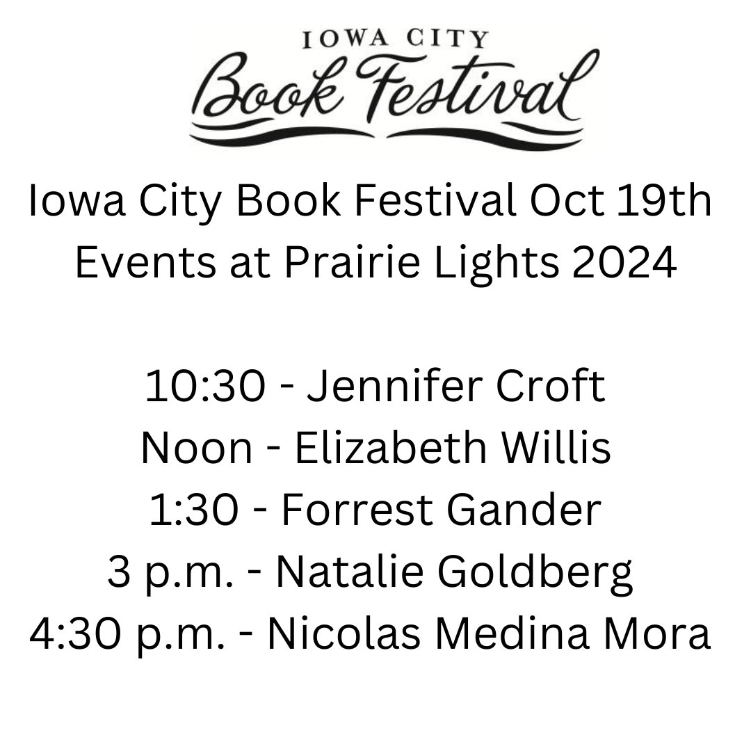 The Iowa City Book Festival is in full swing! Check out the full schedule here: iowacityofliterature.org/icbf/ 
Saturday events at Prairie Lights are below!