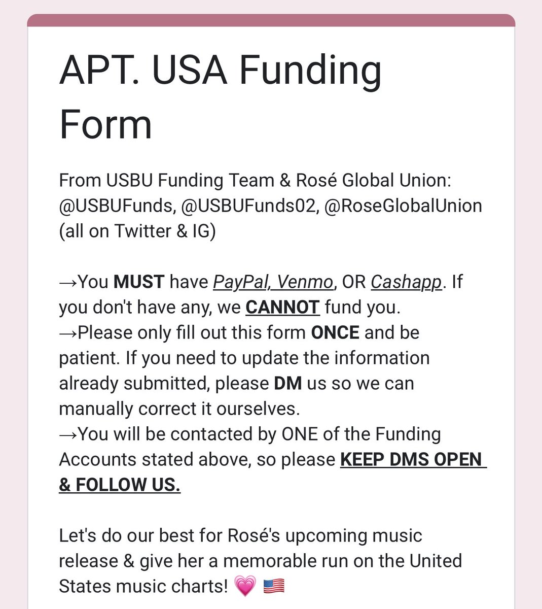 USBU4WAYS's tweet photo. WE NEED MORE USA #ROSÉ BUYERS‼️🚨

If you are located in the United States or Puerto Rico & needs funds to get funded for all USA billboard platforms, please sign up now!

Sign up form: 
➝ https://t.co/IsjrusoSjM

Create ↴

Minimum 10 iTunes accounts:
➝ https://t.co/9YFwuw8qIu

1 Qobuz account PER card:
➝ https://t.co/7cOVDTCZT4

 1 7Digital account PER card:
➝ https://t.co/p2oHonc2lq

1 Amazon account PER card:
➝ https://t.co/q2Dm7eNKtb

APT BY ROSÉ X BRUNO MARS 
#ROSÉXBRUNOMARS #ROSÉ_BRUNO_APT