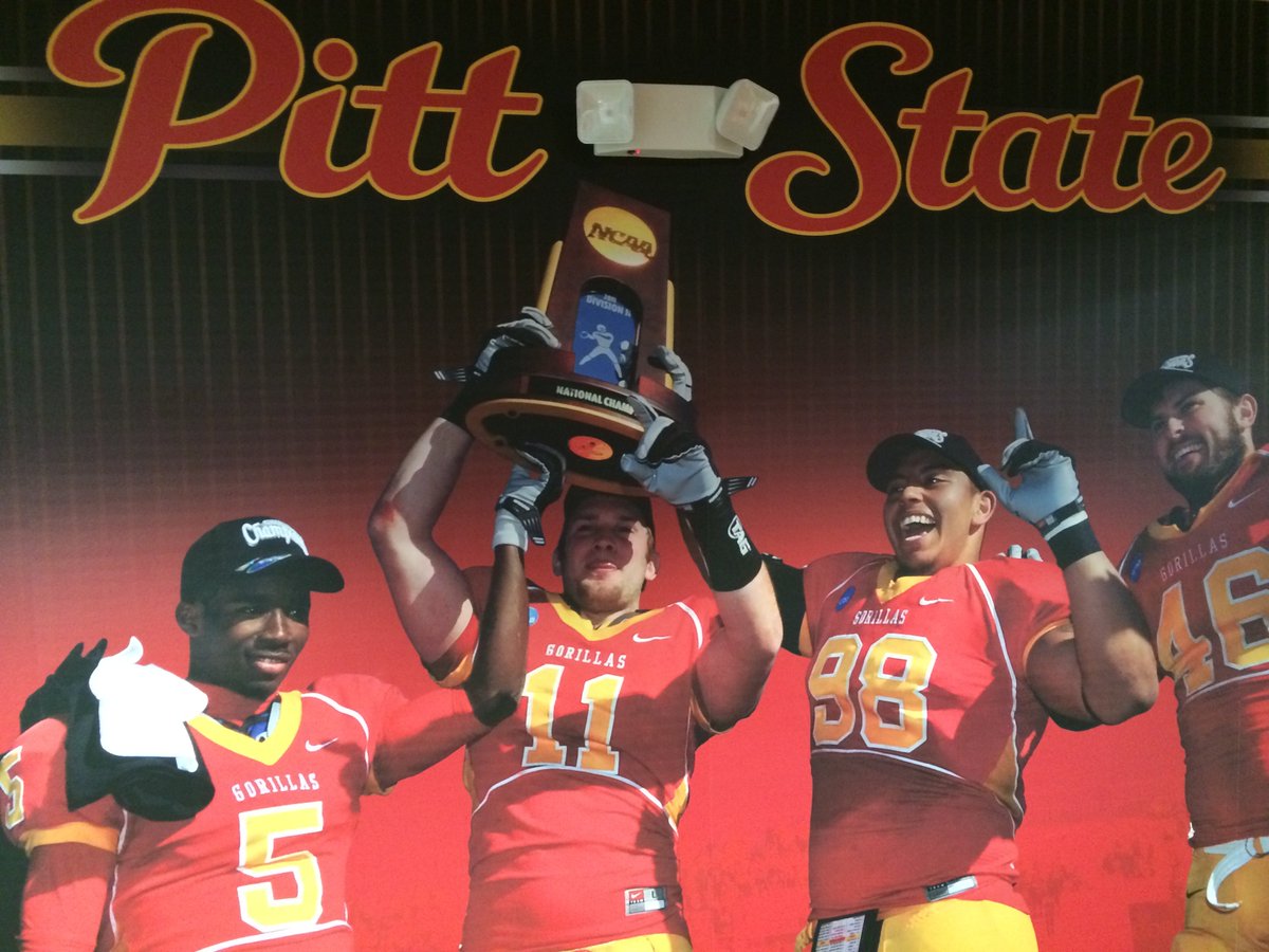 Kansas Sports Chronicles (@ks_chronicles) on Twitter photo Dec. 17, 2011
The Pittsburg State Gorillas football team captures the NCAA Division II national championship with a 35-21 win over Wayne State
<a href="/GorillasFB/">Pitt State Football</a> <a href="/PittStateRadio/">Eddie Lomshek</a> <a href="/Jim_Henry53/">@Jim_Henry53</a> <a href="/TimBeckFB/">Tim Beck</a> Dec. 17, 2011
The Pittsburg State Gorillas football team captures the NCAA Division II national championship with a 35-21 win over Wayne State
<a href="/GorillasFB/">Pitt State Football</a> <a href="/PittStateRadio/">Eddie Lomshek</a> <a href="/Jim_Henry53/">@Jim_Henry53</a> <a href="/TimBeckFB/">Tim Beck</a>