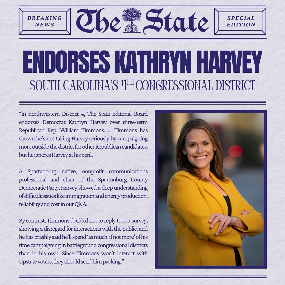Thank you to <a href="/thestate/">The State Newspaper</a> for endorsing our campaign for Congress here in #SC04.

The Editorial Board wrote that my AWOL opponent “ignores Harvey at his peril.”

And since William Timmons “won’t interact with Upstate voters, they should send him packing.”

We couldn’t agree more.