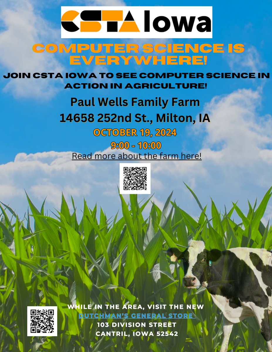 Tomorrow is the day, and it looks to be a beautiful one! Join us as we see CS in action in agriculture! Take in the fall colors on your drive, and check out the Dutchman's General Store afterwards.