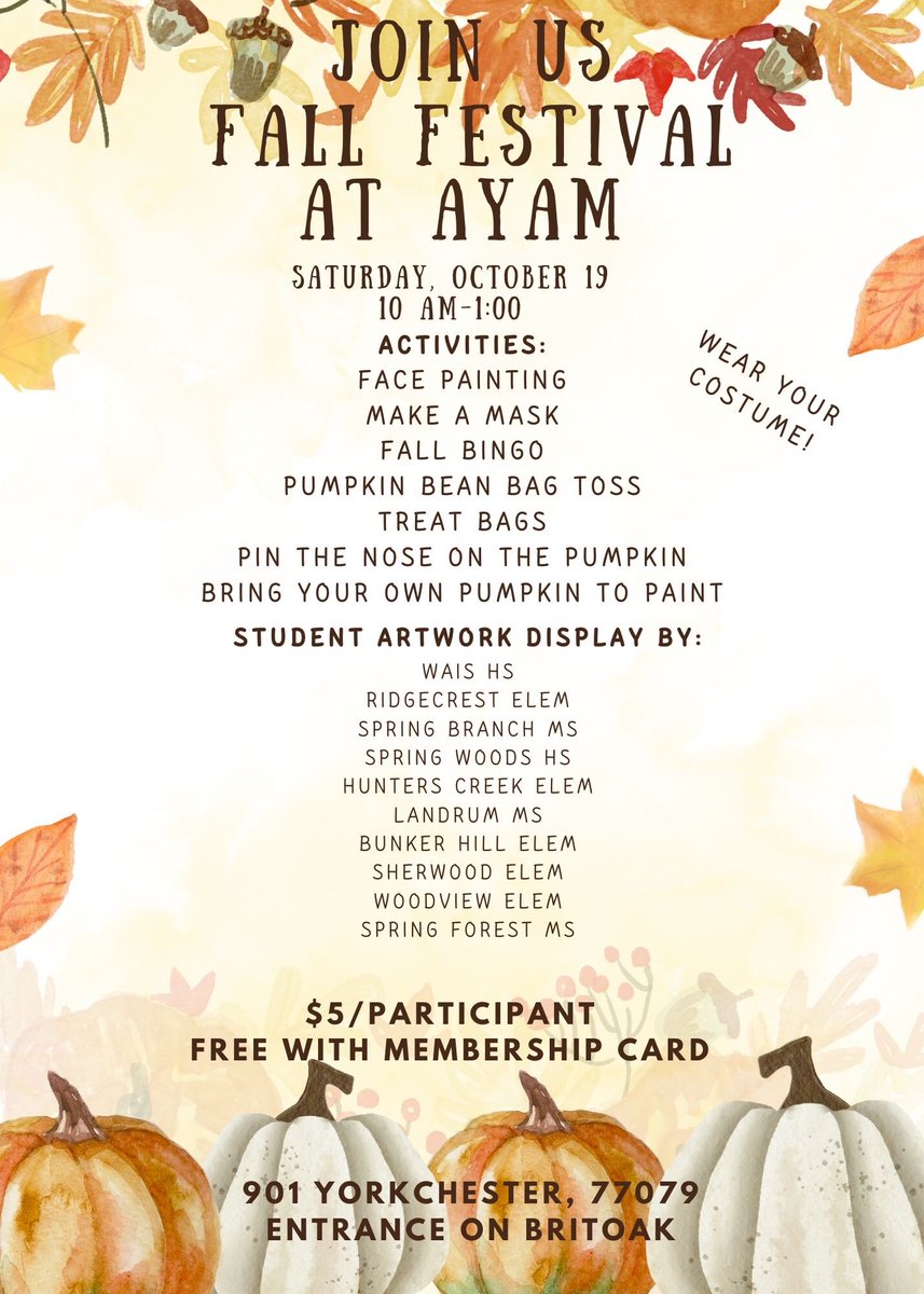 Celebrate fall at the Fall Festival with the Altharetta Yeargin Art Museum! Activities include face painting, pumpkin bean bag toss, crafts, and more! Student artwork will be on display and costumes are encouraged!