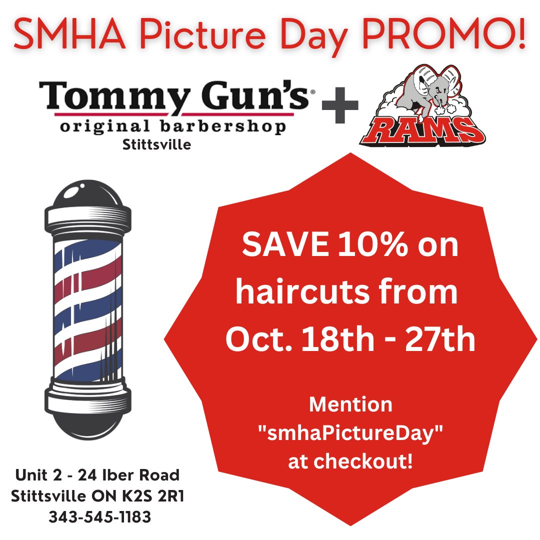 BREAKING! 🚨 #smhaRams Picture Day sessions happening Sat/Sun Oct. 26/27 ... our awesome partner Tommy Gun's Barbershop (Iber Rd.) will be DOUBLING its #GoRamsGo discount + incentive program. You SAVE 10% on services &amp; the #SMHA will receive a matching donation of 10% too! 🎉😀😮