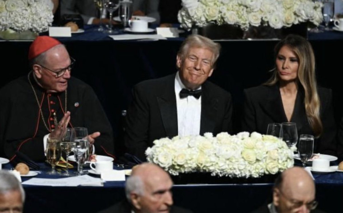 JohnWFarrell's tweet image. This picture should go down in history, like all the snapshots of bishops saluting the Nazis and the Fascists leading up to WWII. New York's glad-handing Cardinal Dolan, who was 'disappointed' when Kamala Harris declined to attend the Al Smith dinner.