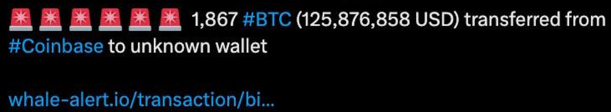 1867 BTC ($125 million) were withdrawn from Coinbase exchange in one transaction