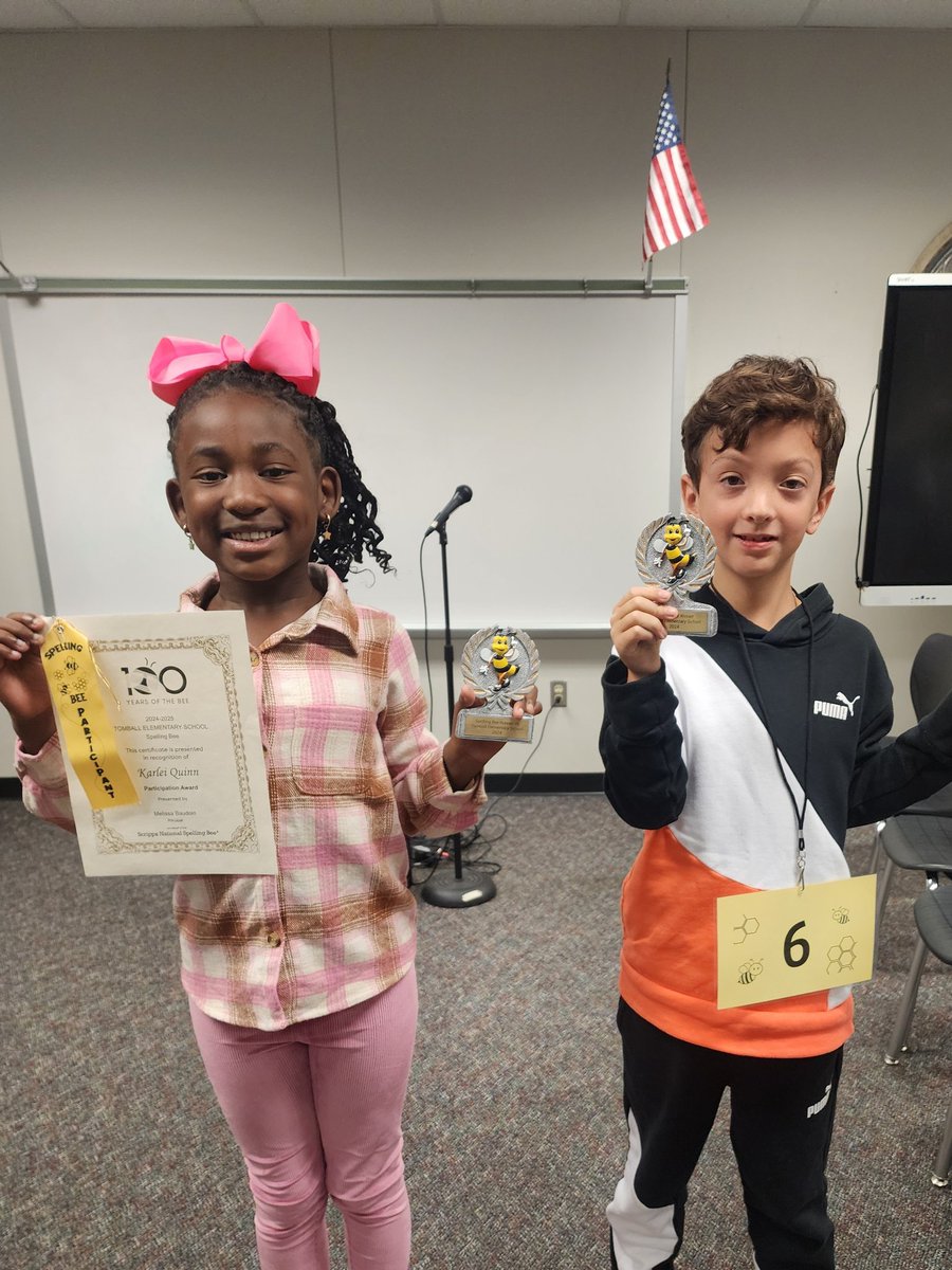 TISDTES's tweet photo. 🐝 Let’s give a big round of applause to our amazing 3rd and 4th graders for their outstanding effort in today’s Spelling Bee!
A special congratulations to our 1st place winner, Mason Fassbender, and our runner-up, Karlei Quinn! 🏆✨ #TISDTES @TomballISD https://t.co/0b7v6BQkXy