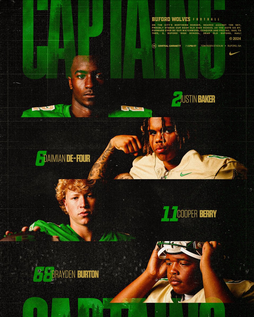 Buford Football (@buford_football) on Twitter photo Captains vs. Central Gwinnett 🫡
<a href="/jbaker1244/">Justin Nkosi Baker</a>
<a href="/DaimianD4/">Daimian De-Four</a>
<a href="/CooperBerry11/">Cooper Berry</a>
<a href="/BraydenBurton25/">Brayden Burton</a>
#Gloryland | #AppEra Captains vs. Central Gwinnett 🫡
<a href="/jbaker1244/">Justin Nkosi Baker</a>
<a href="/DaimianD4/">Daimian De-Four</a>
<a href="/CooperBerry11/">Cooper Berry</a>
<a href="/BraydenBurton25/">Brayden Burton</a>
#Gloryland | #AppEra