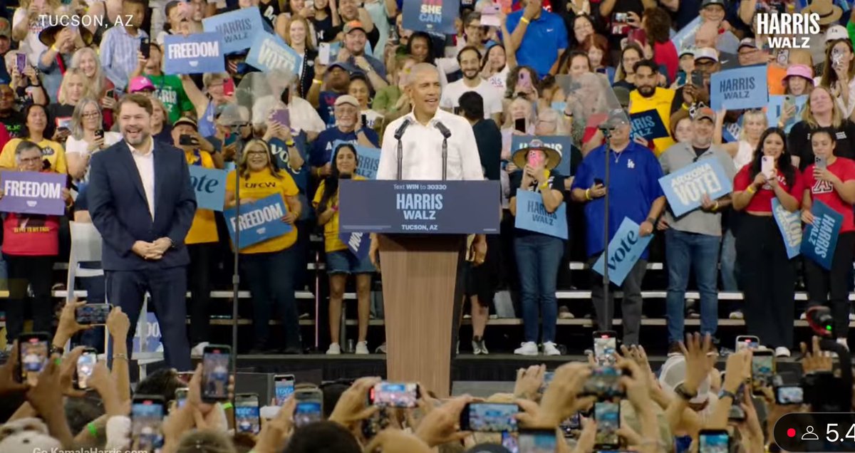 RussOnPolitics's tweet image. Massive turnout for Barack Obama and Ruben Gallego in Tucson. It’s all about mobilization now. And nobody does it better than the former president. He’s name dropping every Democratic candidate on the ballot. #AZSEN