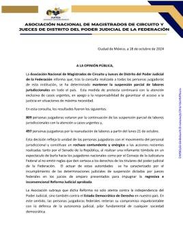 🔴⚡️
#ULTIMAHORA
La Asociación Nacional de Magistrados de Circuito y Jueces de Distrito del Poder Judicial de la Federación (JUFED) informa que seguirá el paro de labores en los juzgados de todo el país en protesta por la reforma judicial.