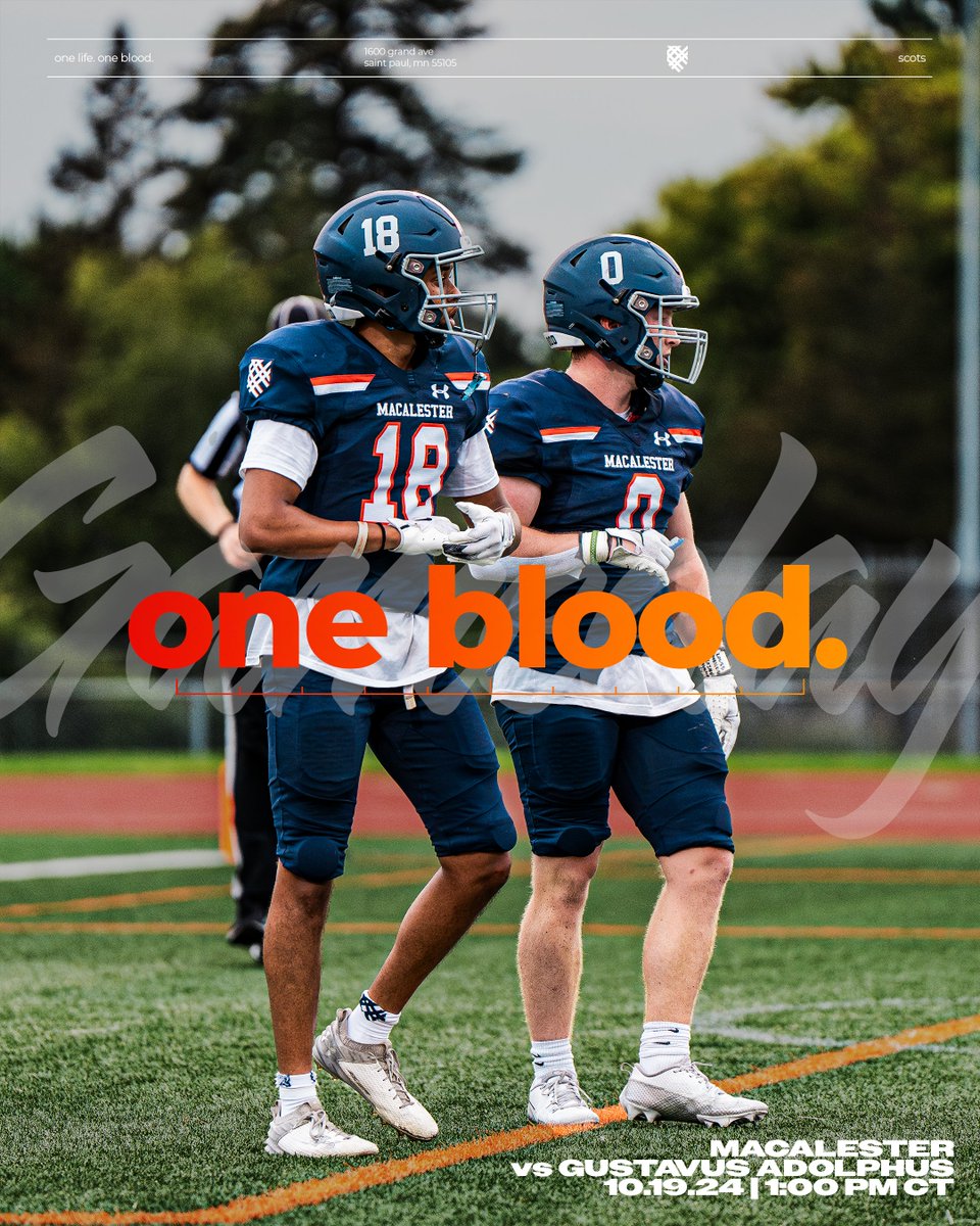 𝐆𝐀𝐌𝐄 6⃣

🆚 Gustavus Adolphus College
📆 Saturday, Oct. 19
⏰ 1 PM CT

#OneBlood #Outsiders #OneBlood
