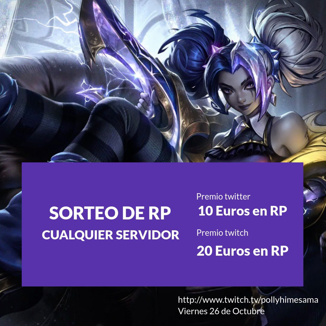 💰SORTEO DE OCTUBRE💰 

Requisitos (10€):       
- Sigueme en <a href="/princesapolly22/">Polly</a>
- Dar Retwitt a esta publicacion  
- Etiquetar a dos amigos  

Requisitos (20€):

-Seguirme en Twitch
-Mirar el stream + escribir al momento del sorteo

#SORTEO #twitch #Giveaway #LeagueOfLegends