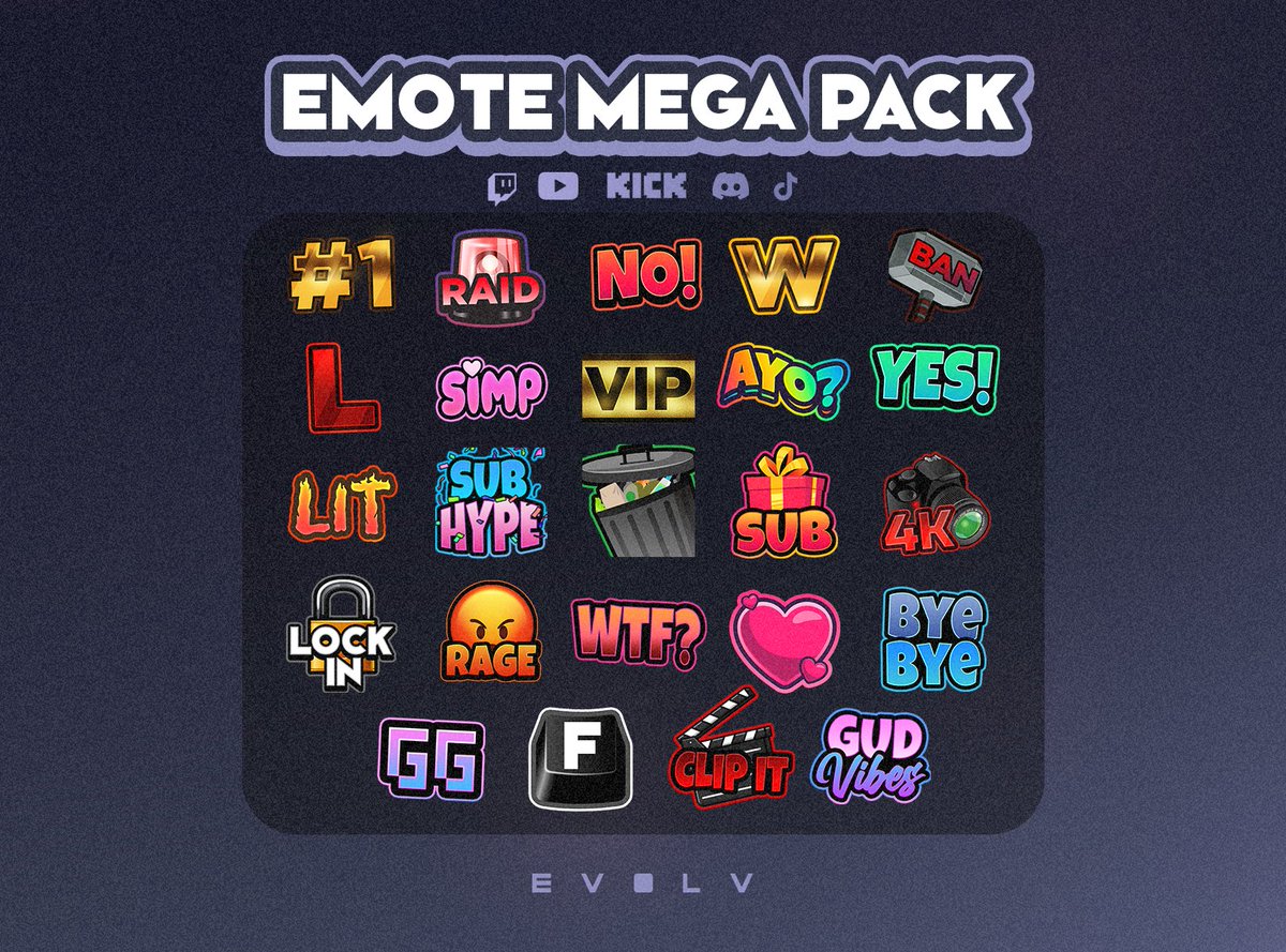 EvolvDesigns's tweet photo. 🔥New Drop🔥
Text Emote Mega pack is now available!

☑️24x High Quality Emotes
☑️Optimized for Twitch, Kick, YouTube, Discord &amp; TikTok
☑️Optimized for both Dark &amp; Light Mode

🛒| https://t.co/5XCPvsXiHG
#TwitchEmotes #Streamassets #VtuberAssets https://t.co/5r592WQI8W