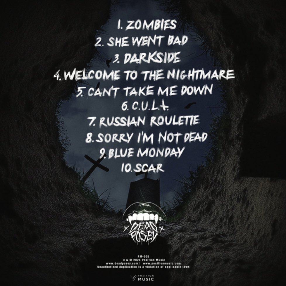Tonyxnova's tweet photo. Here’s the back cover of our debut album ‘Are You In A Cult?’ that just came out today. If you want the front cover go to Instagram. If you want to listen to it go to a streaming service or buy a CD from our merch store. We’re really excited TBH ❤️‍🔥 @dead_posey https://t.co/qOdBwkwu9V