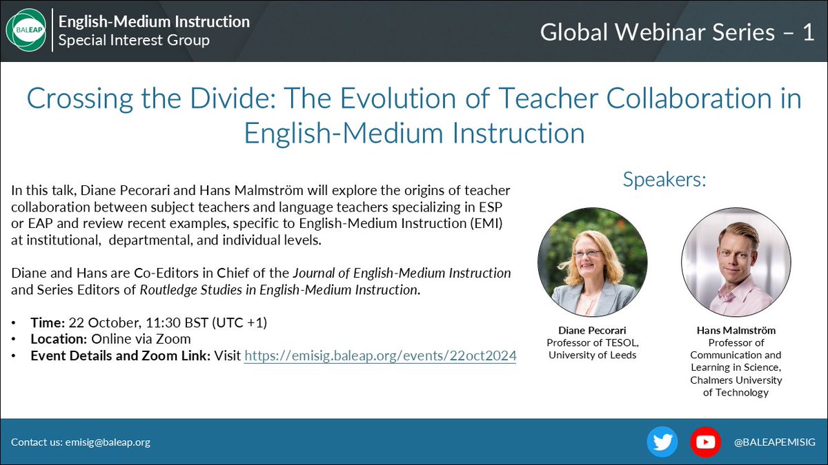 Three Days Away!  Come join our inaugural event this coming Tuesday, October 22nd at 11:30am BST.  We are honored to welcome Diane Pecorari and Hans Malmström to talk about Teacher Collaboration in EMI.

emisig.baleap.org/events/22oct20…