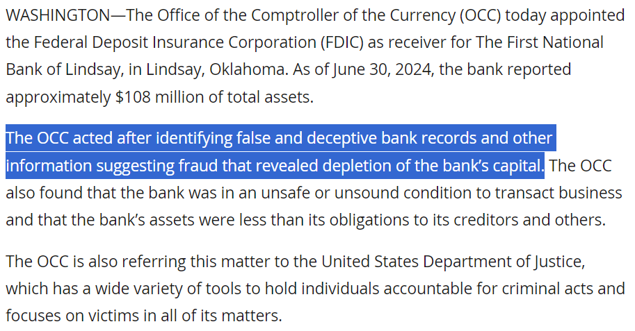 bank_reg's tweet photo. A small national bank based in Oklahoma was placed into receivership today. 

The OCC says it acted after identifying "false and deceptive bank records and other information suggesting fraud." Matter also referred to DOJ  

https://t.co/FuUuUW7AZ8 https://t.co/A2OVGHfiu8