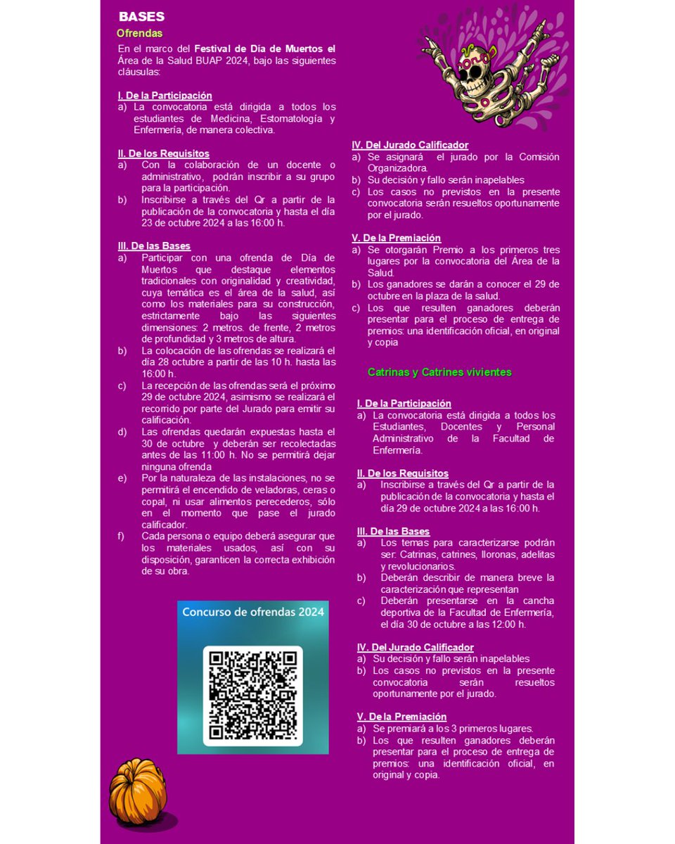 EnfermeriaBUAP's tweet photo. ¡Participa en nuestro Festival de Día de Muertos!
Te esperamos este 30 de octubre 2024 a partir de las 12 h en la cancha de nuestra facultad.
Además, inscríbete para participar en nuestro concurso de ofrendas y calaveritas. 📷
#FacultadDeEnfemeriaBUAP #PasionPorLaEnfermería https://t.co/uWTrkvYXXT