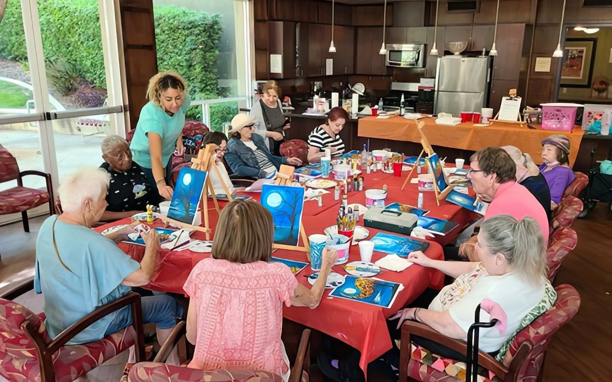 engageforlife's tweet photo. EngAGE Regional Program Director Meloney led a Paint 'n' Sip art class at The Piedmont while Piedmont EngAGE Program Director Arnold provided snacks and soft drinks. Residents are already requesting a repeat session. #ChangingAging #CreativeAging @LACountyArts @Culture_LA https://t.co/LXvQD9uzpH
