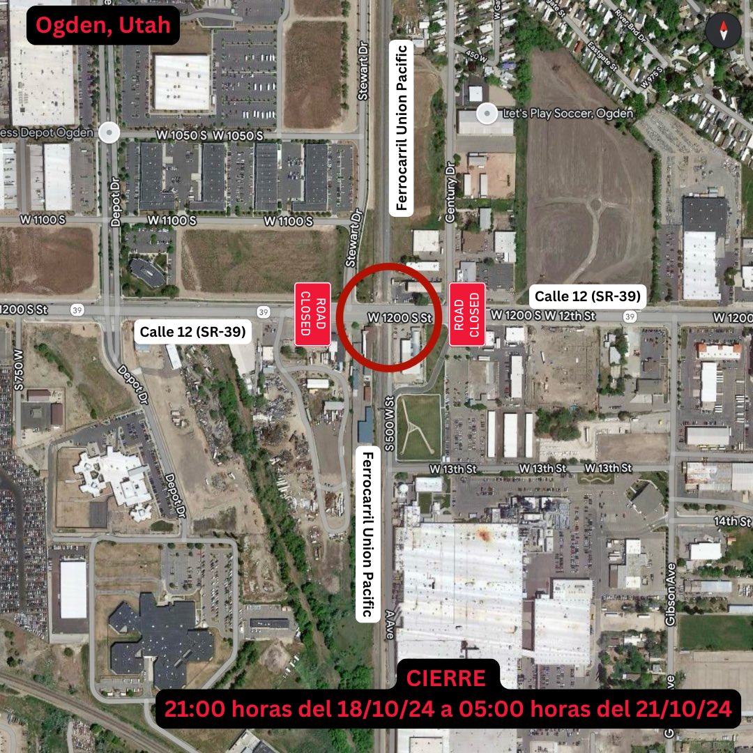 UDOT Region 1: 12th Street will be closed both directions at the railroad tracks from 9PM Friday (10/18) to 5AM Monday (10/21) while Union Pacific works on the rail crossing.  Please avoid the area if possible. 400 North and 21st can be used as alternates to access I-15.