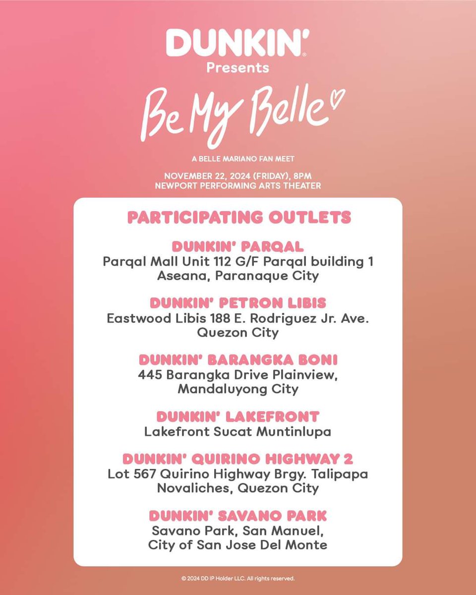Dunkin's “Be My Belle” promo is still available! 

Para sa mga nasa malalayong lugar, walang time lumuwas, busy persons na gusto pong magpasabuy, DM us for assistance! 💌

I sold out natin 'to! 🤝

Will You BeMyBelle 

#BelleMariano | #DunkinPHxBelle
#BeMyBelleTicketSelling
