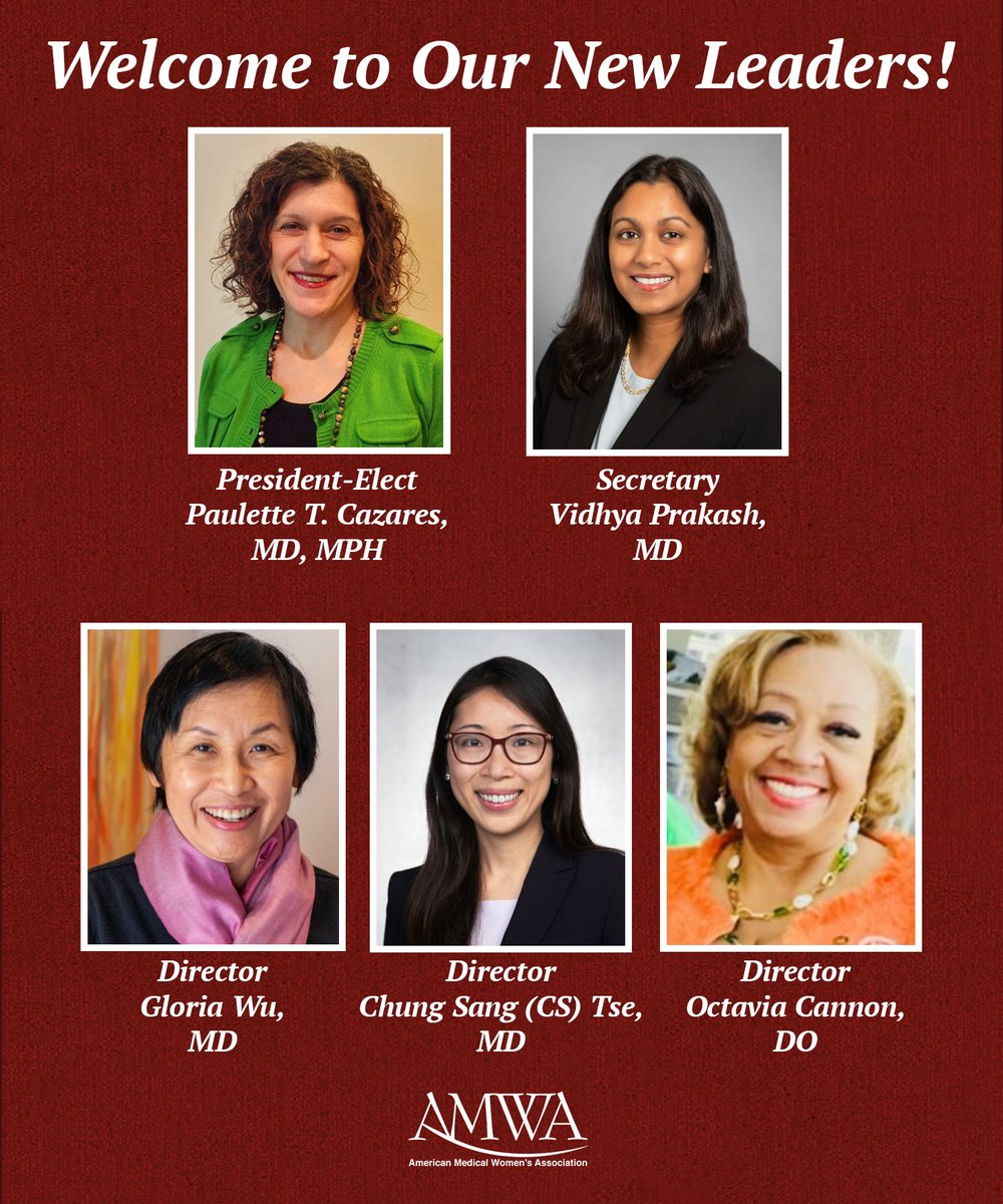 AMWA congratulates the new president-elect, secretary, and three members-at-large on their election to the 2025 – 2026 Board of Directors.
amwa-doc.org/2025-26-electi…

#WomenInMedicine 

<a href="/ptucc76/">Paulette Cazares</a> 
@VidhyaPrakashIL
#GloriaWu
<a href="/CSTseMD/">CS Tse, MD</a> 
#OctaviaCannon