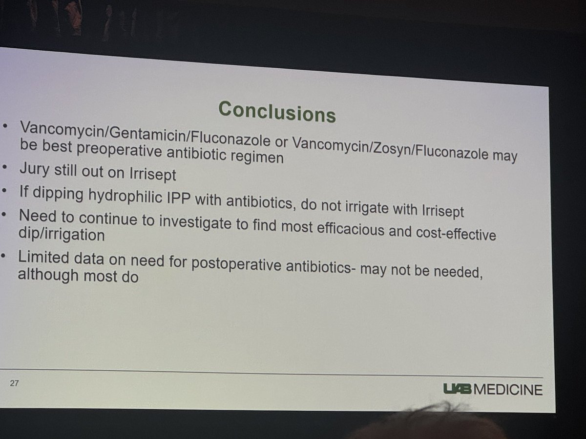 Helen L. Bernie (@drhelenbernie) on Twitter photo <a href="/adam_baumgarten/">Adam Baumgarten</a> reviewing different irritants and antibiotic solns for reduction of infection in IPPs
➡️AUA Antibiotic guideline reccs miss ~20% infections
➡️Adding Fluconazole decreased infections
➡️Mixed data on Irrisept- TBD
➡️XPerience for revision cases may be a biofilm <a href="/adam_baumgarten/">Adam Baumgarten</a> reviewing different irritants and antibiotic solns for reduction of infection in IPPs
➡️AUA Antibiotic guideline reccs miss ~20% infections
➡️Adding Fluconazole decreased infections
➡️Mixed data on Irrisept- TBD
➡️XPerience for revision cases may be a biofilm