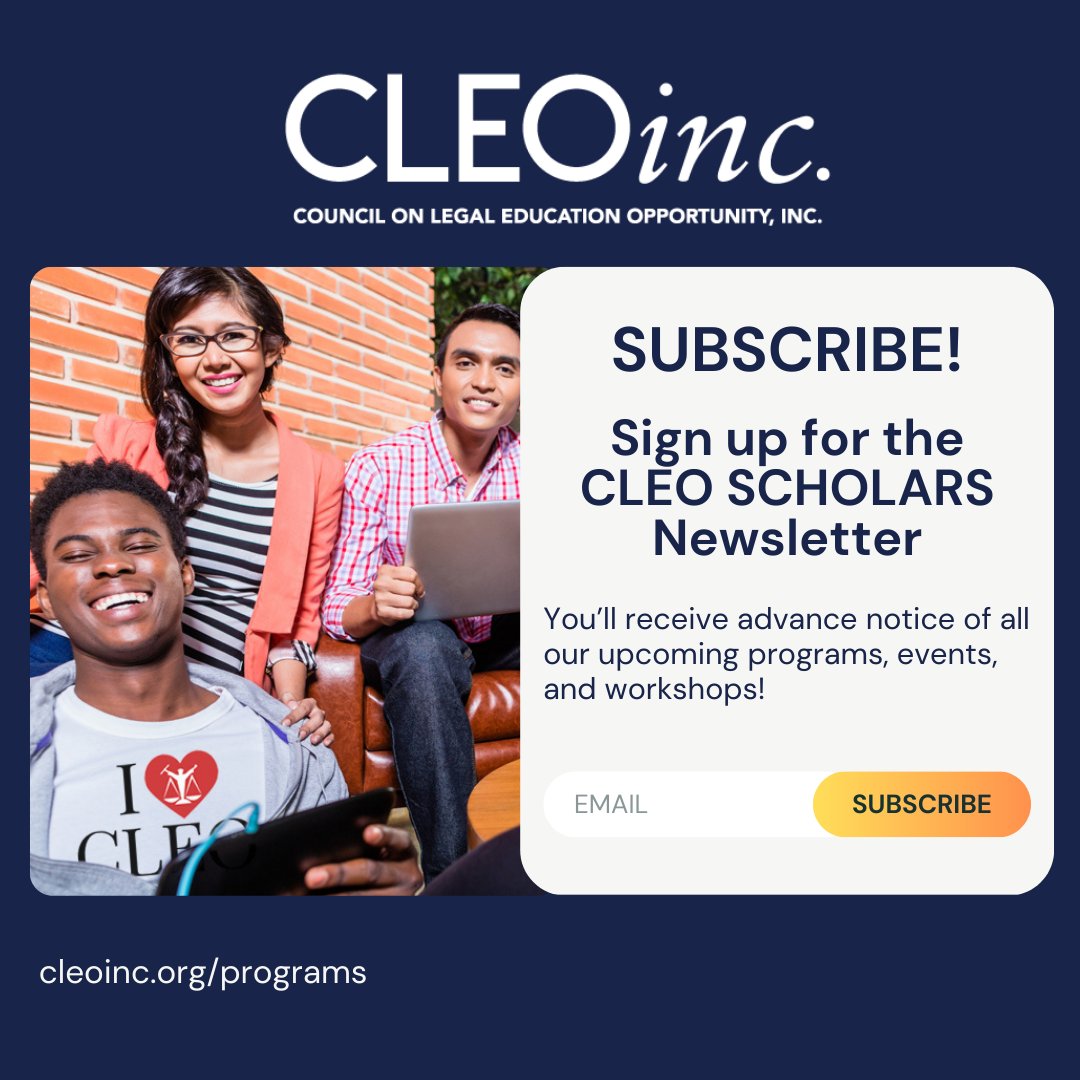 Subscribe to the CLEO Scholars Newsletter &amp; receive advance notice about upcoming programs, workshops, and events! Learn more at: cleoinc.org/cleo-pipeline-… Or subscribe now at: eepurl.com/hXyoL1

#prelaw #lsatprep #cleoscholars #futurelawyer