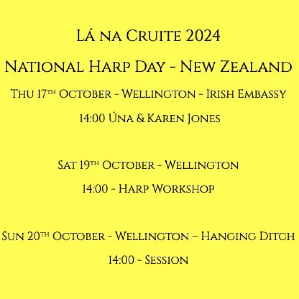 Here’s what I’m up to, down here in New Zealand, for #LáNaCruite #harpday <a href="/cruiteireann/">Harp Ireland</a> <a href="/IrelandinNZ/">Ireland in New Zealand</a>