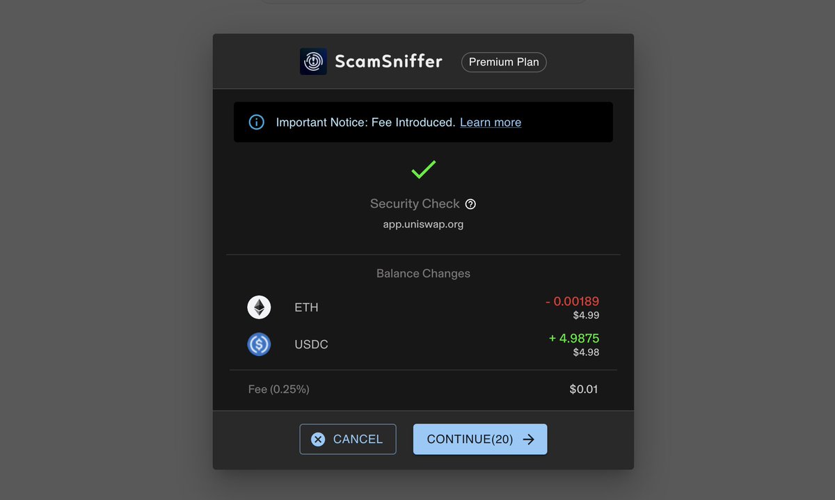 安全插件付费时代｜ScamSniffer 开始对选定的DEX 交易收取0.25% 的费用—— ScamSniffer 一直在使用，确实是很好的安全插件产品，但是现在免费版开始收费了；  两个小时前@