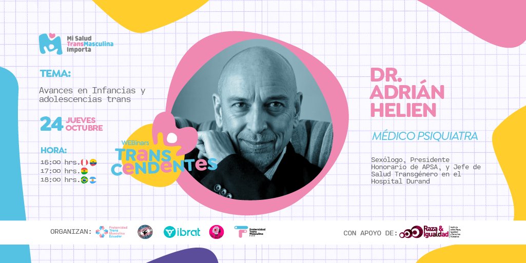 saludtransmasc's tweet photo. ✨🏳️‍⚧️ Hablemos de nuestras infancias y adolescencias. El Dr. Adrián Helien nos hablará sobre lxs niñxs y adolescentes que atraviesan la experiencia transmasculina en nuestro último Webinar.

Inscríbete en el link de nuestro perfil ¡No te lo pierdas!
#misaludtransmasculinaimporta https://t.co/6uyG2VZ6XC