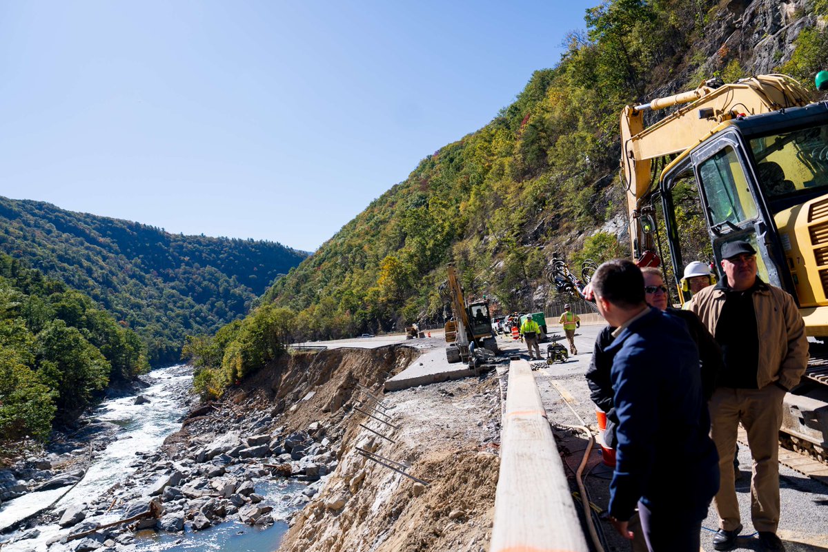SecretaryPete's tweet photo. I visited the I-40 site in NC and TN, where Hurricane Helene caused catastrophic damage to the transportation systems. Our department has sent an initial $100M to clear roads and begin repairs. Teams are working on temporary routes to reach communities cut off by debris. https://t.co/fQlbmEoUqL
