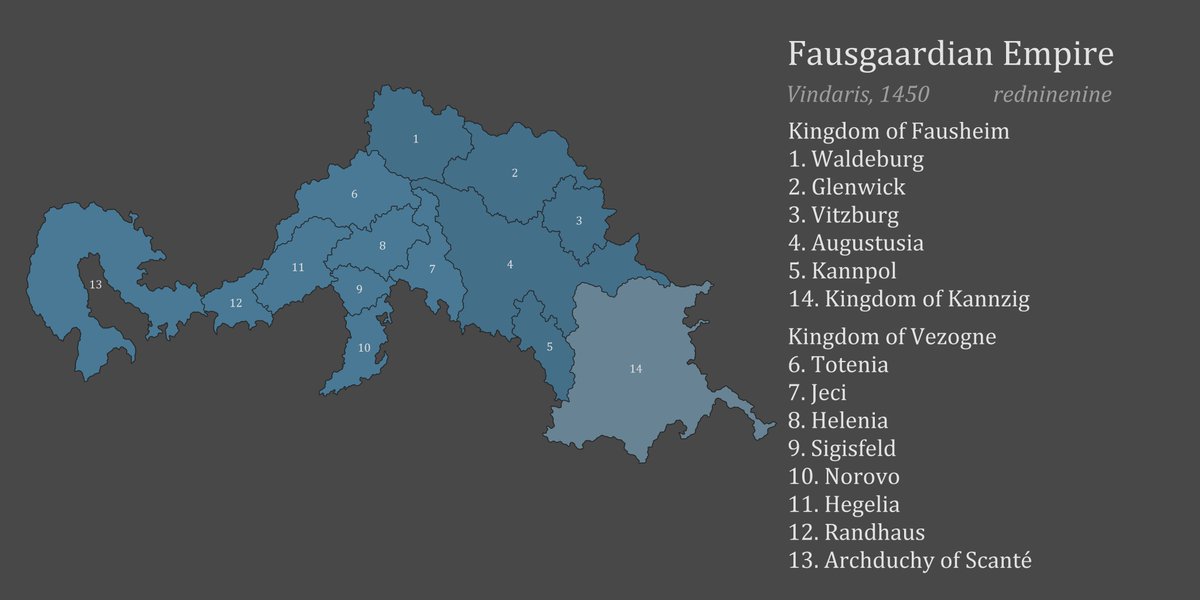 redninenine_'s tweet image. Map of Vindaris.
Blue is Fausgaard, Red is Red Bay, Yellow is Stromberg, Green is the Midweald, and Beige is Casca (not depicted)