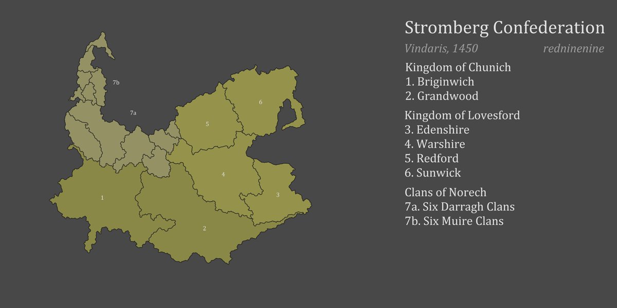 redninenine_'s tweet image. Map of Vindaris.
Blue is Fausgaard, Red is Red Bay, Yellow is Stromberg, Green is the Midweald, and Beige is Casca (not depicted)