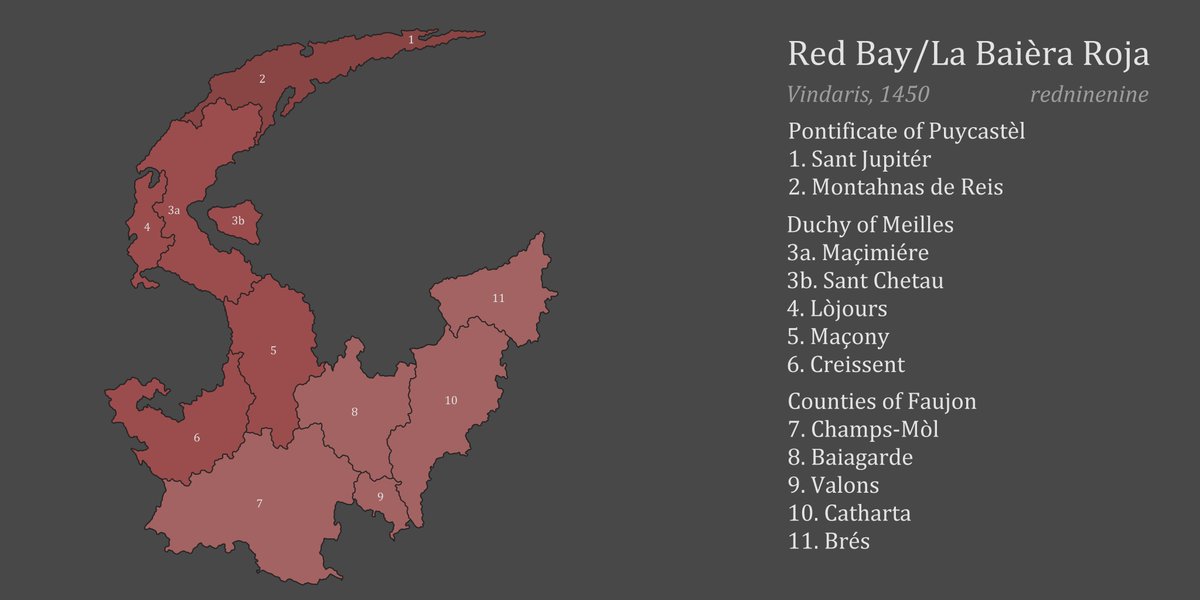 redninenine_'s tweet image. Map of Vindaris.
Blue is Fausgaard, Red is Red Bay, Yellow is Stromberg, Green is the Midweald, and Beige is Casca (not depicted)