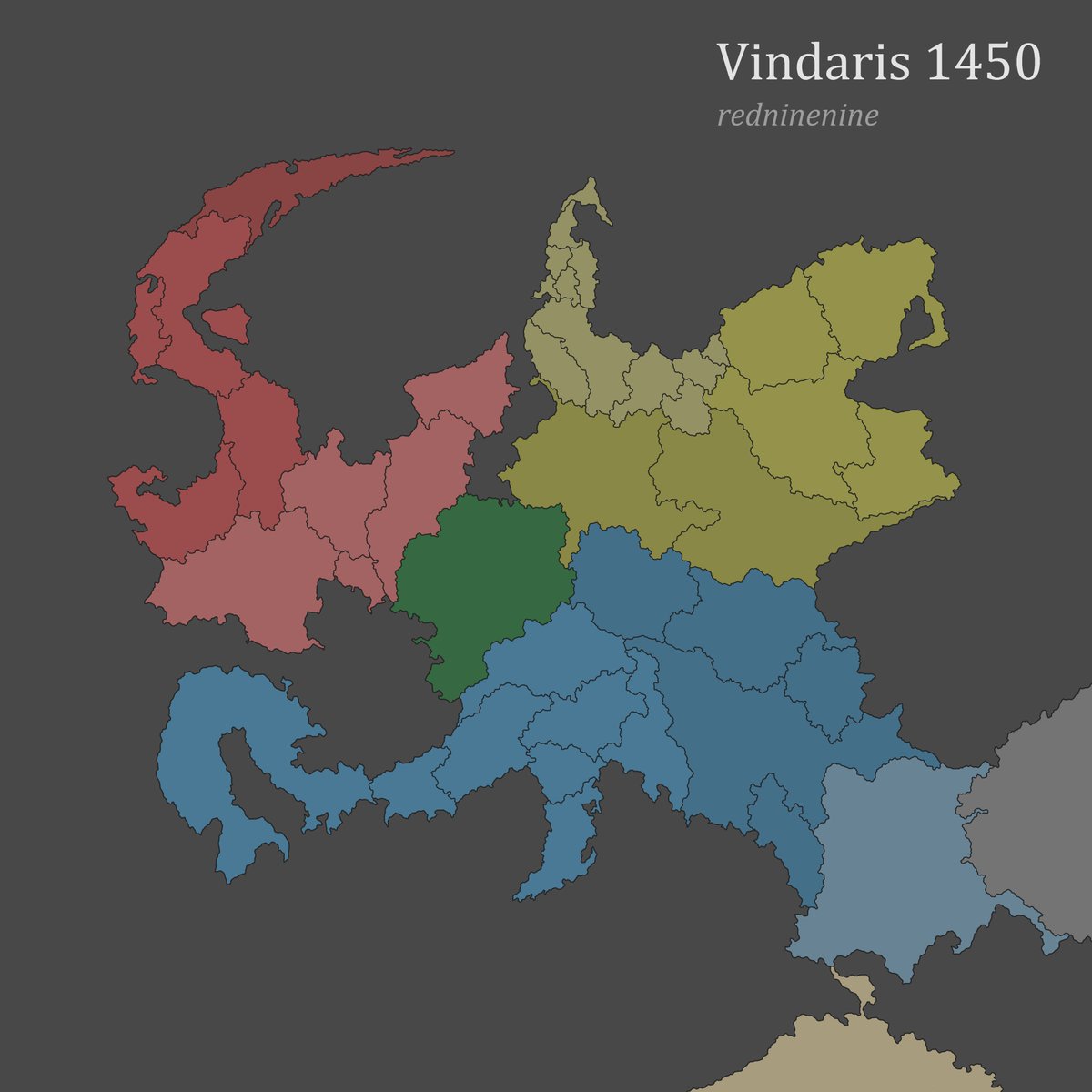redninenine_'s tweet image. Map of Vindaris.
Blue is Fausgaard, Red is Red Bay, Yellow is Stromberg, Green is the Midweald, and Beige is Casca (not depicted)