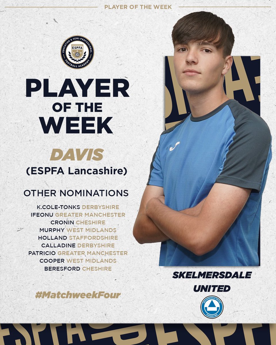 ESPFAcademy's tweet photo. #MatchweekFour | ESPFA Player of the Week
Congratulations to ESPFA Lancashire (@Skemutdofficial) student Brendan Davis. https://t.co/A1LYzm7tvC