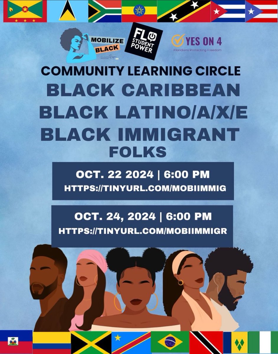 FLReproFreedom's tweet photo. 🗣️🗣️CALLING ALL BLACK CARIBBEAN, LATINO/X, & BLACK IMMIGRANT FOLKS to join us for our two community learning circles on Oct 22
& 24 at 6 PM ET!
Learn more on how #AmendmentFour & #ReproductiveHealth & #ReproductiveLaws impact you in Florida! https://t.co/SSjpXYd1vN