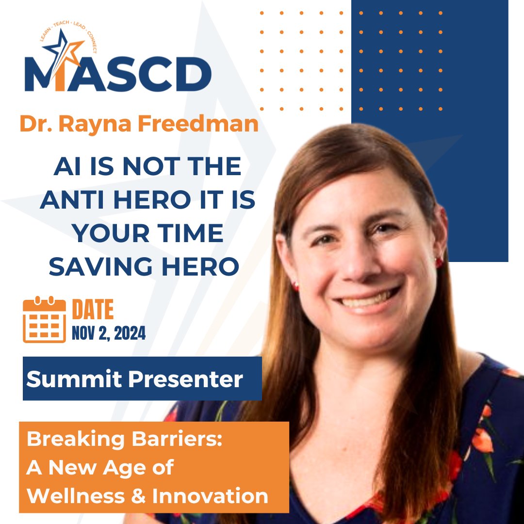 AI isn’t the enemy! 💻 Dr. Rayna Freedman will show you how AI simplifies your educator life at #BreakingBarriers2024. ⏳ 
📅 Register today: mascd.wildapricot.org/event-5899093
#MASCD #MassachusettsEducators #EdLeaders #AIinEd #Teachers #TechInEducation #TimeSavingTips