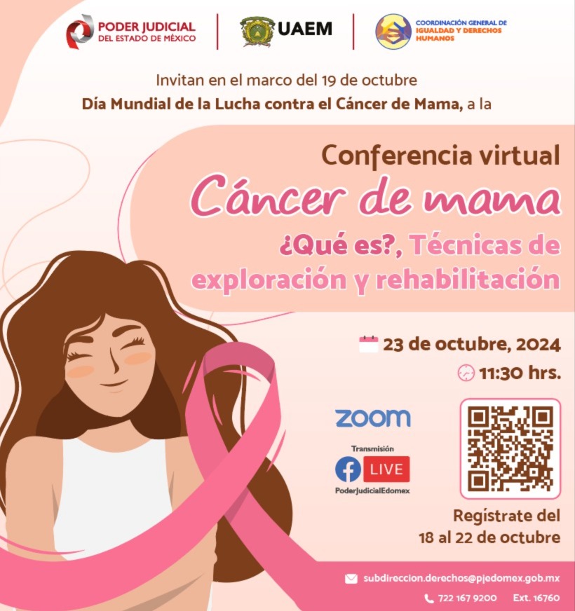 PJEdomex's tweet photo. ¿Sabes qué es el cáncer de mama y cómo detectarlo a tiempo? Únete a nuestra conferencia virtual y aprende sobre las técnicas de exploración y rehabilitación. La información puede marcar la diferencia. #OctubreRosa https://t.co/Jk2QGzzIgN