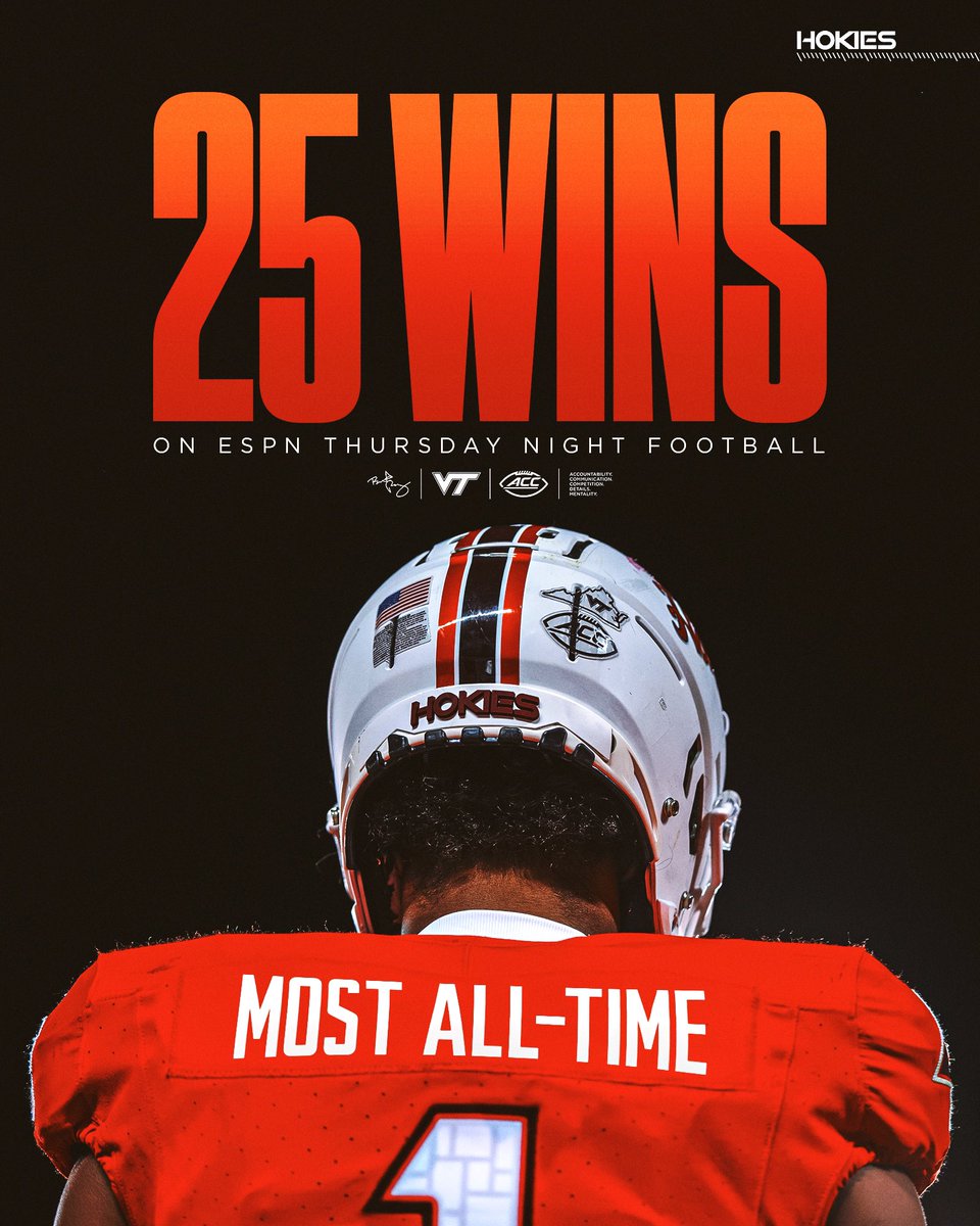 𝐓𝐡𝐮𝐫𝐬𝐝𝐚𝐲 𝐍𝐢𝐠𝐡𝐭𝐬 are for the Hokies 🦃

25 ESPN Thursday Night wins… most in college football 😉 

#ThisIsHome