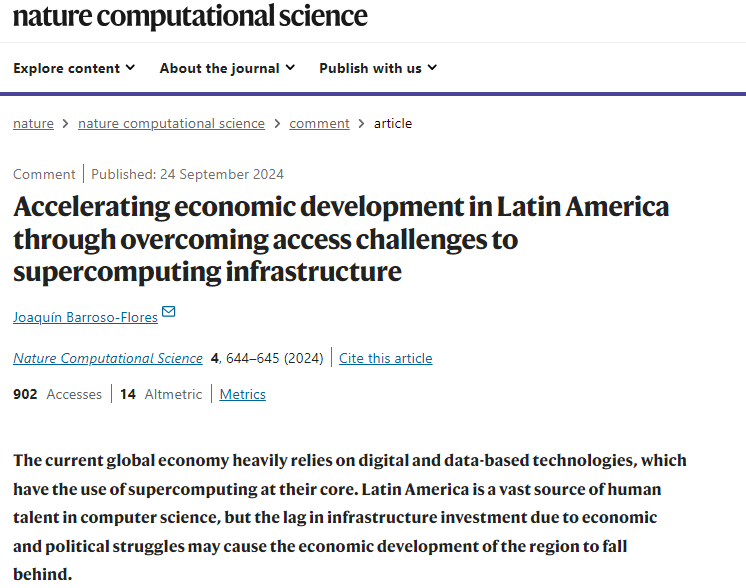 #PublicaciónIQUNAM 📖Te invitamos a leer el editorial que el Dr. Joaquín Barroso <a href="/joaquinbarroso/">Joaquin Barroso</a>, investigador del #IQUNAM, publicó en <a href="/NatComputSci/">Nature Computational Science</a> sobre la importancia del acceso al supercómputo para acelerar el desarrollo económico en Latinoamérica🌎  
doi.org/10.1038/s43588…